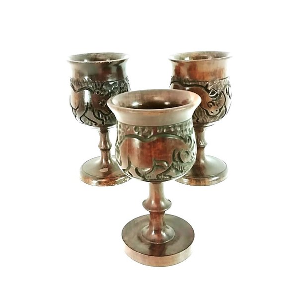 Goblets Artisan Hand Carved Wood Rhino Design Decoration Only Set of 3 - Picture 1 of 10